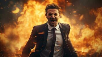 agresivo empresario gritando en frente de un ardiente edificio. fuego concepto. ai generado foto