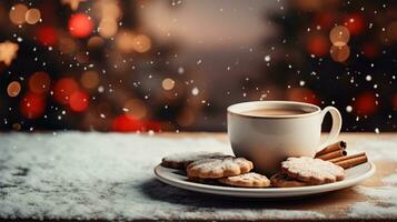 Navidad taza de café y galletas en un de madera antecedentes con Navidad árbol y bokeh ai generado foto