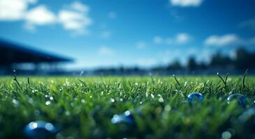 Football or soccer field with green grass and blurred background of stadium AI Generated photo