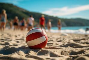 fútbol pelota en el arena playa con azul cielo y mar antecedentes ai generado foto
