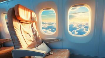 Airplane seat against blue sky with white clouds AI Generated photo