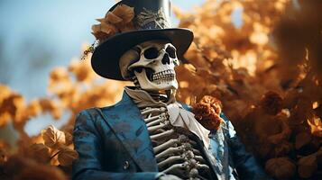 un retrato de un hombre en un esqueleto traje. Víspera de Todos los Santos tema ai generado foto