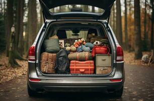 Pile of luggage in the trunk of a car. Travel concept AI Generated photo