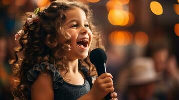 Little girl singing into a microphone at a concert in the evening AI Generated photo