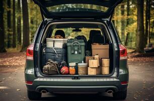 Pile of luggage in the trunk of a car. Travel concept AI Generated photo