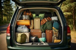 Pile of luggage in the trunk of a car. Travel concept AI Generated photo