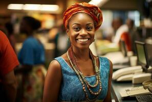 Portrait of a young african american cashier smiling at the camera in a coffee shop AI Generated photo