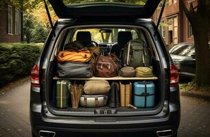 Pile of luggage in the trunk of a car. Travel concept AI Generated photo