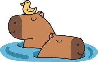 Cute capybara and duck in water. Vector illustration.
