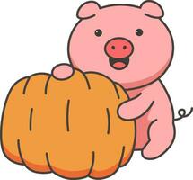 Piggy with pumpkin. Cute cartoon character. Vector illustration.