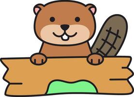 Beaver on wooden sign. Cute cartoon character. Vector illustration