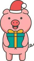 Pig in Santa hat holding gift box. Cute cartoon character. Vector illustration.