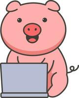 Cute pig with laptop. Vector illustration in cartoon style.