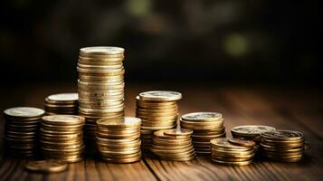 A pile of coins sitting on top of a wooden table,  Generative AI photo