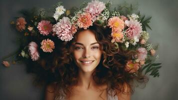 un mujer con un flor corona en su cabeza, generativo ai foto