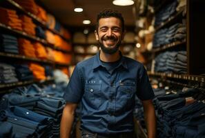 retrato de un sonriente joven hombre en un camisa en un ropa Tienda ai generado foto