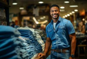 retrato de un sonriente joven hombre en un camisa en un ropa Tienda ai generado foto