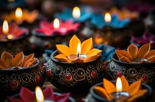 Beautiful Diwali Diya with burning candles on dark background AI Generated photo