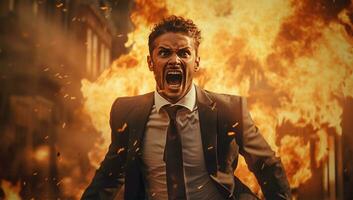 Aggressive businessman screaming in front of a burning building. Fire concept. AI Generated photo