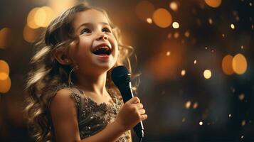 Little girl singing into a microphone at a concert in the evening AI Generated photo