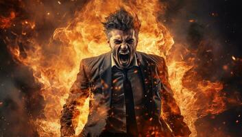 Aggressive businessman screaming in front of a burning building. Fire concept. AI Generated photo