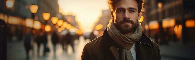 Side view of confident young businessman standing against night cityscape with lights AI Generated photo