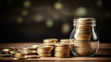 A pile of coins sitting on top of a wooden table,  Generative AI photo