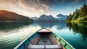 un pequeño barco flotante en parte superior de un lago, generativo ai foto