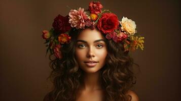 un mujer con un flor corona en su cabeza, generativo ai foto