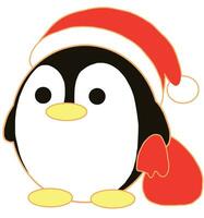 pequeño pingüino con rojo Navidad sombrero y rojo bolso Listo a Vamos fuera a traer regalo para todos. vector