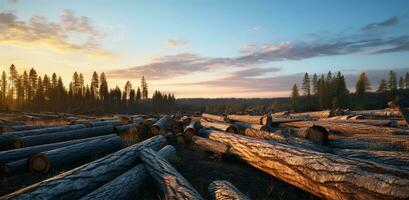 de madera registros en el bosque a amanecer. panorámico ver ai generado foto