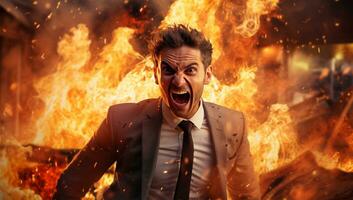Aggressive businessman screaming in front of a burning building. Fire concept. AI Generated photo