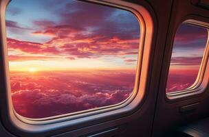 Airplane window view of clouds and sky at sunset. Travel concept AI Generated photo