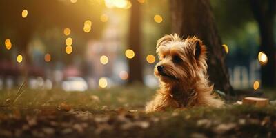 Cute puppy sitting on the grass in a park at sunset AI Generated photo