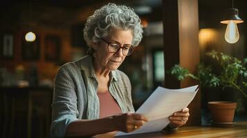 mayor mujer leyendo documentos a hogar. mayor dama en lentes y casual ropa sentado a mesa y escritura ai generado foto