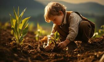 Little boy planting seedlings in the field on a beautiful sunset. AI Generated photo