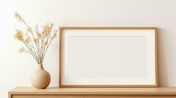 un imagen marco sentado en parte superior de un de madera mesa, generativo ai foto