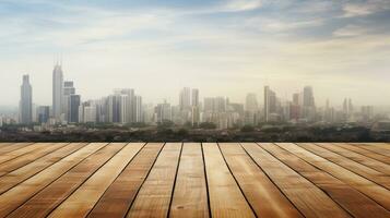 un de madera piso con un ciudad en el fondo, generativo ai foto