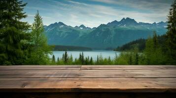 A wooden table sitting on top of a lush green hillside, Generative AI photo