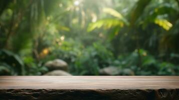 A wooden table top in front of a jungle background, Generative AI photo