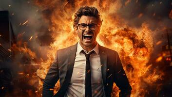 Aggressive businessman screaming in front of a burning building. Fire concept. AI Generated photo