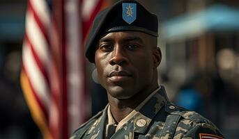 retrato de joven africano americano soldado en el antecedentes de el americano bandera ai generado foto