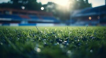 Football or soccer field with green grass and blurred background of stadium AI Generated photo