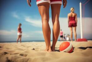 Soccer ball on the sand beach with blue sky and sea background AI Generated photo