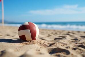 Soccer ball on the sand beach with blue sky and sea background AI Generated photo