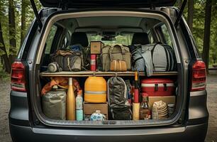 Pile of luggage in the trunk of a car. Travel concept AI Generated photo