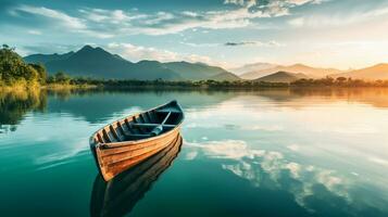 A small boat floating on top of a lake, Generative AI photo