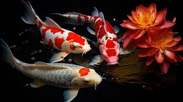 Koi carp. Group of Chinese bright fish in the water. Splashes and drops of water close-up. AI generative. photo