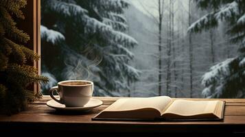 Cozy winter composition with an open book, a cup of coffee and a small Christmas tree on a wooden windowsill. Winter snowy landscape. AI generative. photo