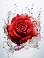 Red rose with water splash and drops on a white background. Close-up. AI generative. photo